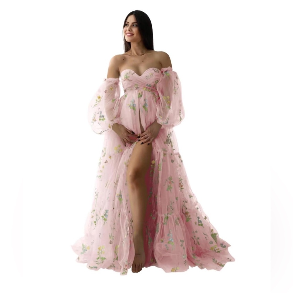 Elegant Pink Floral Off-Shoulder Tulle Maternity Dress